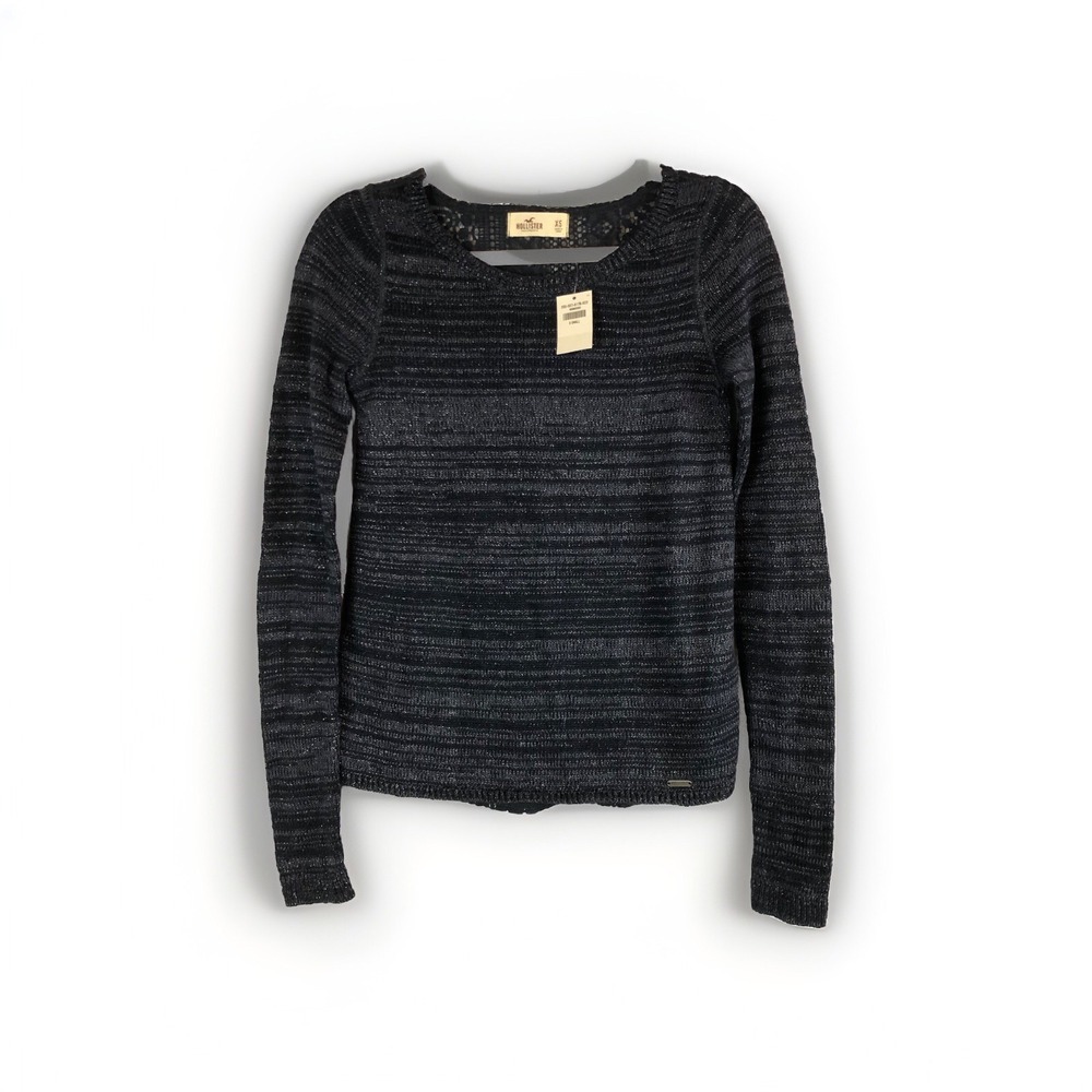 Hollister Womens Sweater Top XS Dark Navy Blue Full‎ Crochet Back Light Sparkles